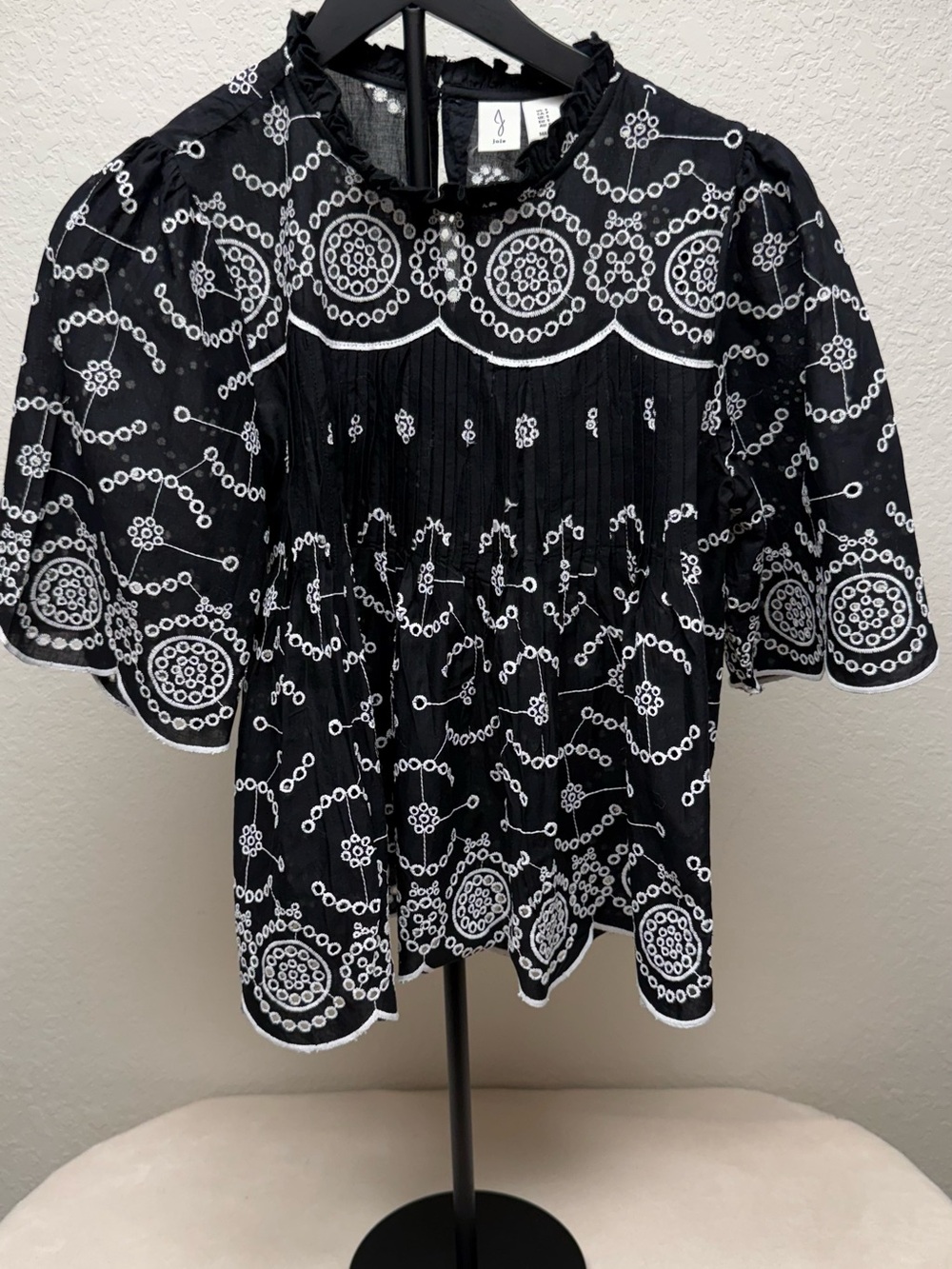 Joie Black Blouse with White Circular Embroidery